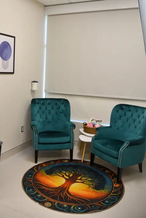 Arbor Fertility consultation room with teal tufted chairs and tree-of-life rug