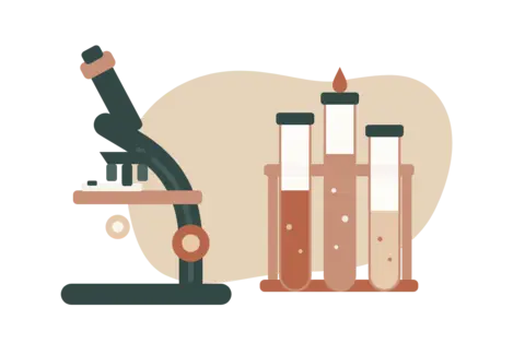 Illustration of a microscope and a rack of test tubes — fertility lab testing