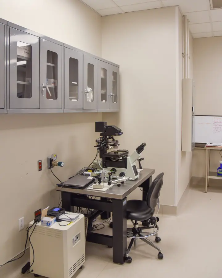 ICSI micromanipulation station with high-magnification microscope.