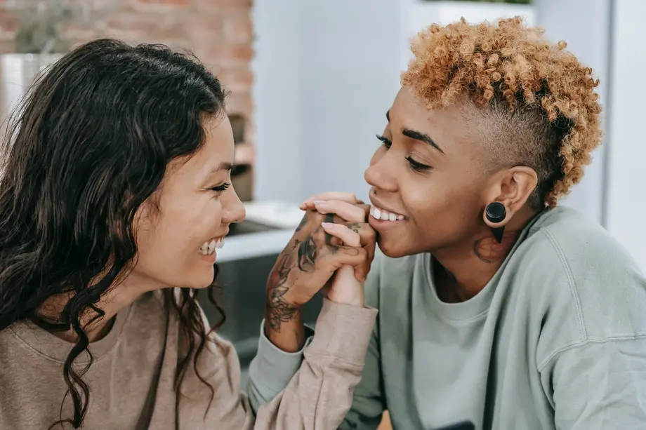 Lesbian couple smiling together