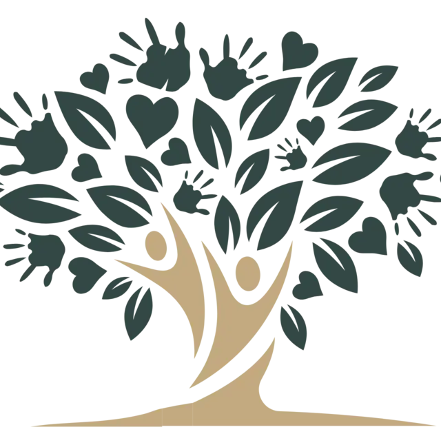 Arbor Fertility tree mark — leaves, hearts, and handprints forming a canopy above two figures